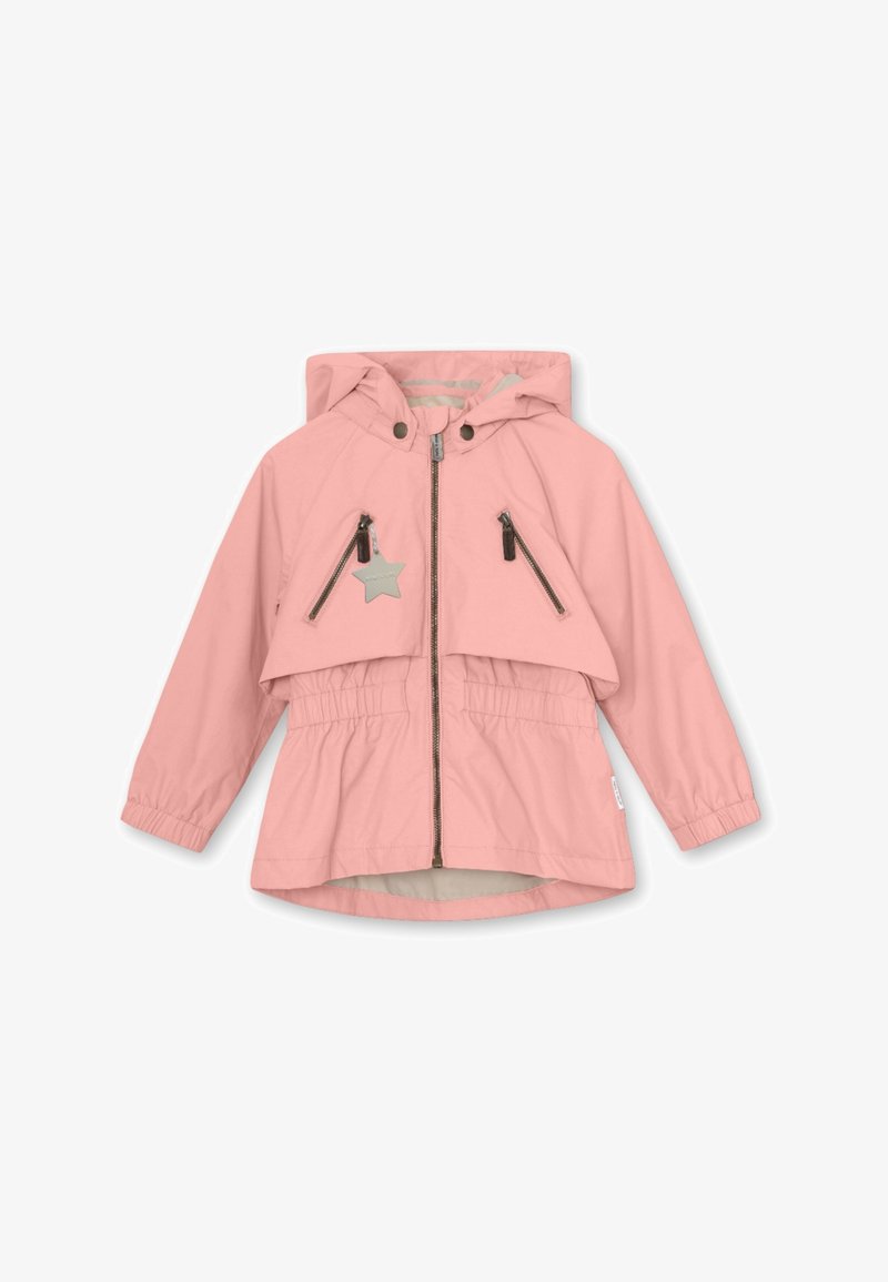 Ljusrosa huva med dragkedja framtill, elastisk midja och två bröstfickor. Har en grå stjärna applikation på vänster ficka.