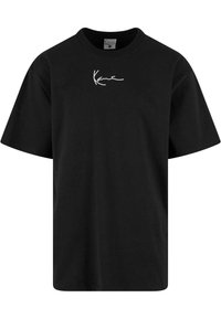 Black cotton t-shirt with short sleeves and a crew neck. Features a white signature logo on the chest. Smooth texture and relaxed fit.