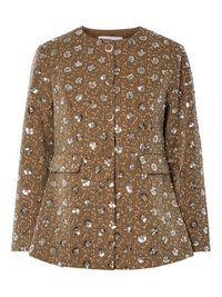 Veste à motif floral marron ornée de sequins, dotée d'un col rond, de boutons sur le devant et de poches latérales. Tissu texturé avec une forme bien définie.
