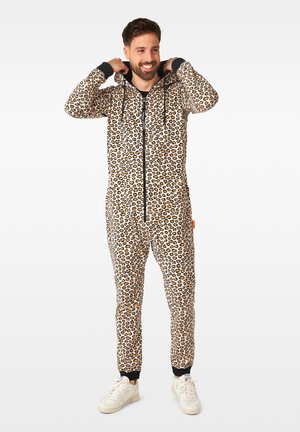 Leopard print onesie in beige with black cuffs and zipper. Features a hood and is made from soft fabric. Footless design with elastic bands.