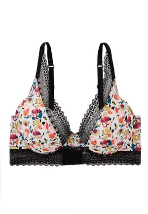 Bralette à motif floral avec des bonnets rembourrés, bordure en dentelle noire, bretelles ajustables et bande contrastante noire. Le tissu est lisse et léger.