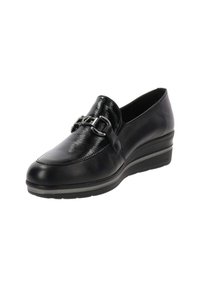 Scarpa slip-on in pelle nera con punta rotonda, texture lucida, dettagli in metallo argentato e suola a zeppa bassa per un'altezza extra.