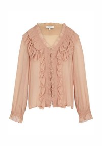 Blusa rosa claro de manga larga con volantes en capas a lo largo del escote en V, cierre frontal y puños, hecha de tela transparente.