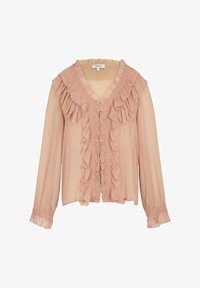 Blusa rosa claro de manga larga con volantes en capas a lo largo del escote en V, cierre frontal y puños, hecha de tela transparente.