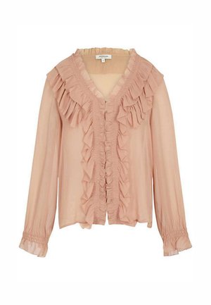 Blusa rosa claro de manga larga con volantes en capas a lo largo del escote en V, cierre frontal y puños, hecha de tela transparente.