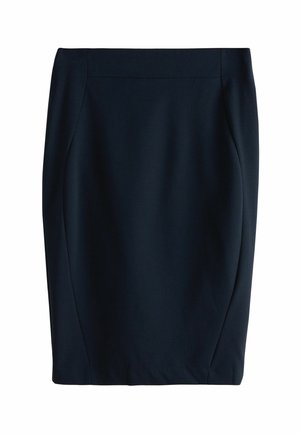 Donkerblauwe kantoorskirt gemaakt van gladde stof. Gecutte ontwerp met een rechte snit en subtiele zijnaaddetails, kinlengte zonder zichtbare hardware.