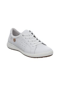 Sneaker bianche in pelle con accenti perforati, punta tonda, suola piatta in gomma e chiusura con lacci, caratterizzate da elementi di design minimalisti.