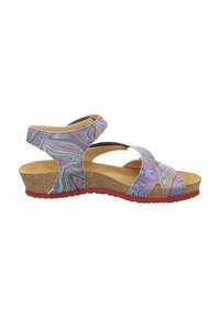 Multicolored sandal with a patterned synthetic upper, cork midsole, and red outsole. Features two adjustable straps for fit.
