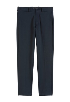 Navy trousers made of smooth fabric, featuring a flat front, side pockets, and a tailored fit with a belt loop waistband.