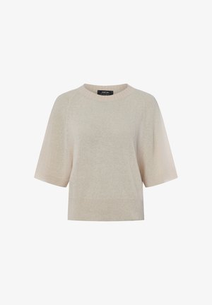 Beige gebreide trui met korte mouwen, een ronde hals en geribde zomen, afgebeeld op een witte achtergrond.