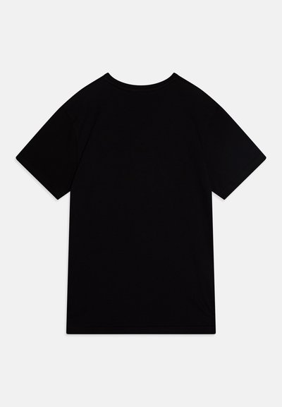 T-shirt nera in cotone con maniche corte, scollo rotondo e texture liscia. La schiena è semplice, senza motivi o logo.
