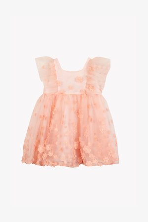 Robe en tulle pêche avec manches volantées, fleurs brodées et jupe à volants. Texture douce, longueur genou, et dos ouvert.