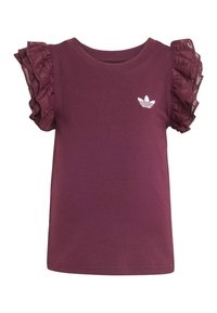 Haut sans manches pour filles de couleur violet foncé avec des manches en dentelle volantée et un petit logo Adidas blanc sur la poitrine.