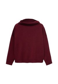 Burgundowy sweter o luźnym kroju, z dekoltem w łódkę i długimi rękawami. Miękka tekstura i prążkowane wykończenie dołu, oferująca wygodny i swobodny design.