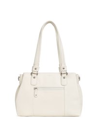Borsa in finta pelle bianca con due manici superiori, una tasca frontale con zip e hardware in tono argento. Texture liscia con cuciture minime.