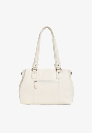 Borsa in finta pelle bianca con due manici superiori, una tasca frontale con zip e hardware in tono argento. Texture liscia con cuciture minime.