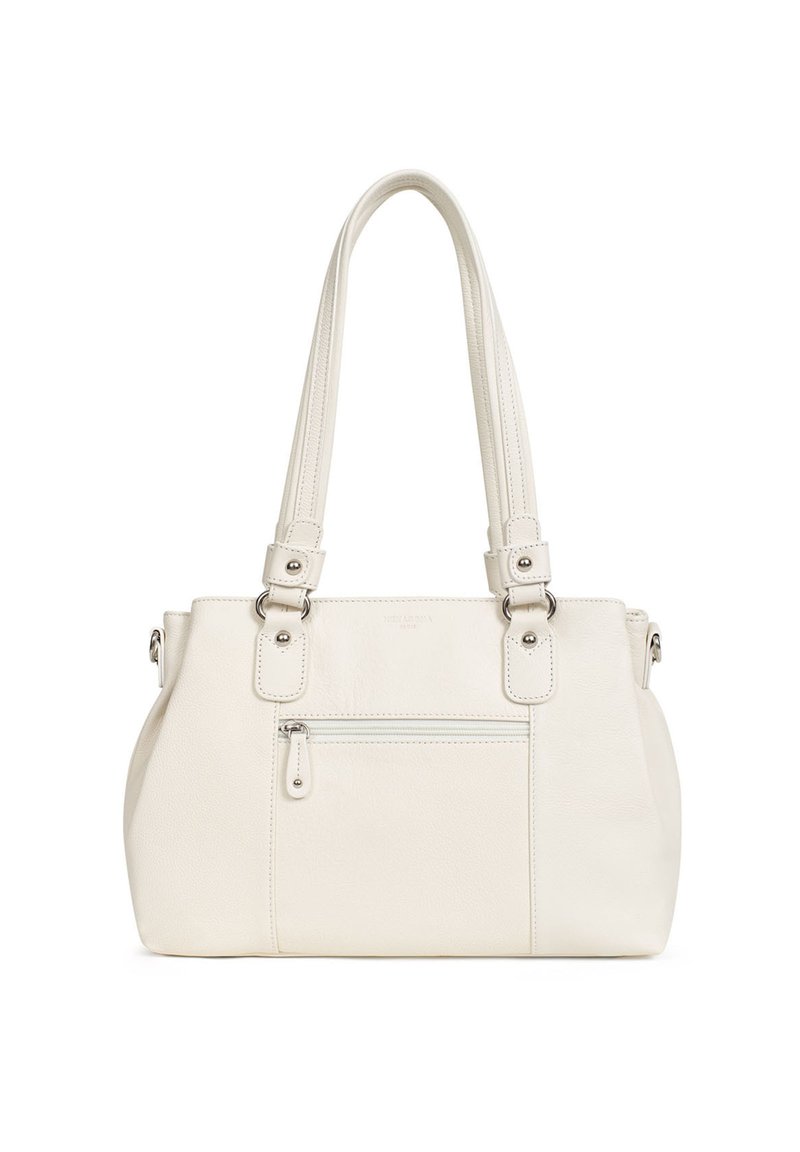 Borsa in finta pelle bianca con due manici superiori, una tasca frontale con zip e hardware in tono argento. Texture liscia con cuciture minime.