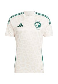 Maglietta da calcio bianca a maniche corte con un sottile motivo leopardato, dettagli verdi e logo adidas. Presenta in evidenza lo stemma della squadra "SAUDI".