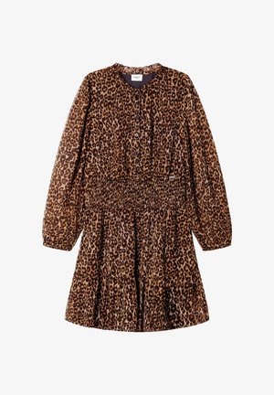 Langærmet kjole med leopardprint, rund halsudskæring, knapper foran, elastisk talje og indsamlet nederdel i brune og sorte toner.