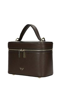 Sac à main en cuir texturé marron foncé avec poignée supérieure, fermeture éclair et ferrures dorées, et petit logo métallique à l'avant.