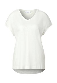 Hvid kortærmet V-hals t-shirt, lavet af et let materiale. Har en afslappet pasform og en rund kant for et afslappet udseende.