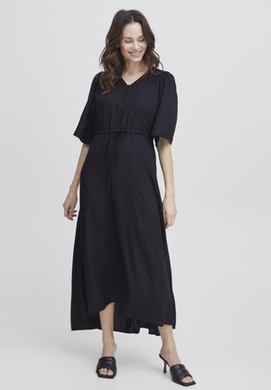 Black, long maxi dress with short puff sleeves, V-neckline, button front, and an elastic waist. Textured fabric with a flowy silhouette.