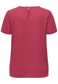 Short-sleeve, ribbed-texture, deep pink top with a small back keyhole opening secured by a single button at the neckline.