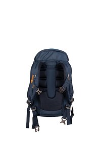 Navy blue child carrier backpack with padded mesh back, adjustable straps, and plastic buckles. Features a structured design and sturdy fabric.