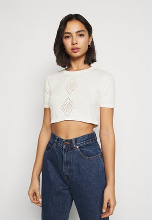 POINTELLE SHORT SLEEVE CROP - Printtipaita - cream