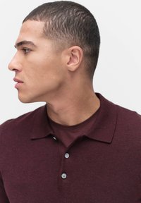 Viininpunainen polo-paita kauluksella ja kolmella sinisellä nappilla, käytetty sopivan pyöreäkauluksisen paidan yllä. Silkkinen rakenne, vartalonmyötäinen malli ja lyhyet hihat.