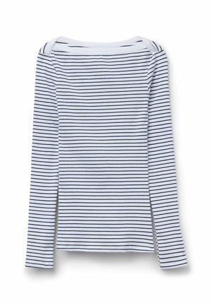 White long-sleeve shirt with horizontal navy blue stripes, boat neckline, and a slim fit, displayed on a white background.