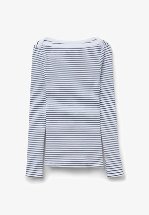 White long-sleeve shirt with horizontal navy blue stripes, boat neckline, and a slim fit, displayed on a white background.