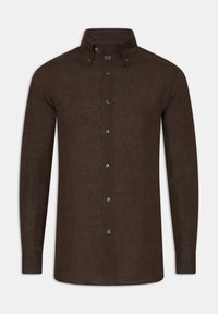 Camicia in lino marrone con maniche lunghe e colletto a punta. Presenta bottoni frontali e una superficie leggermente testurizzata.