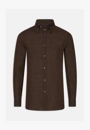 Bruine linnen hem met lange mouwen en een overhemdkraag. Voorzien van knopen aan de voorkant en een licht gestructureerd oppervlak.