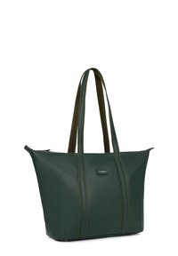 Borsa a tracolla verde in pelle con due lunghe cinghie, caratterizzata da cuciture a contrasto, una forma strutturata e una superficie liscia.