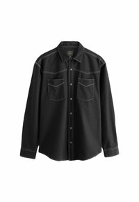 Black button-up shirt made from denim fabric, featuring white stitching, two chest pockets, and a pointed collar with long sleeves.