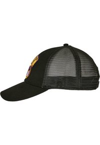 Cappellino nero con visiera curva, retro in rete e toppe dorate e viola sul davanti. Presenta una chiusura regolabile per una vestibilità ottimale.