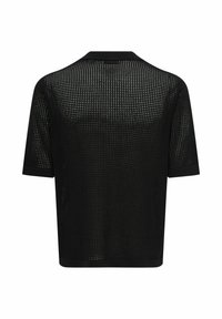 Haut noir à manches courtes en maille ajourée avec un motif à carreaux subtil, col, poignets et ourlet côtelés, vu de dos.