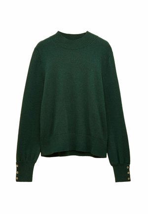 Dunkelgrüner Strickpullover mit Rippkragen, langen Ärmeln und goldenen Knopfakzenten am Handgelenk. Lockerer Schnitt mit cropped Saum.