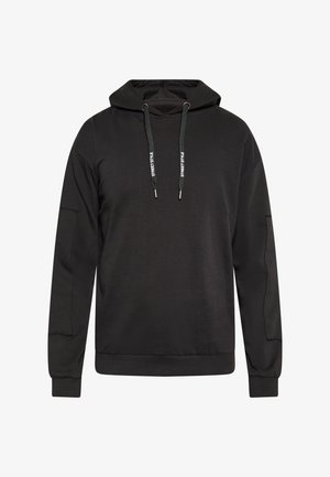 Zwarte hoodie gemaakt van zachte stof, met een trekkoordcapuchon, lange mouwen en geribbelde cuffs. Minimalistisch ontwerp zonder patronen.