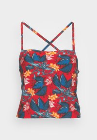 Camisola floreale rossa con foglie blu e fiori gialli. Presenta spalline incrociate e una vestibilità attillata. Realizzata in tessuto leggero.