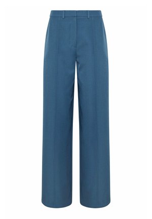 Blaue, weit geschnittene Hosen mit Bügelfalte vorne, Gürtelschlaufen und verdecktem vorderem Verschluss.