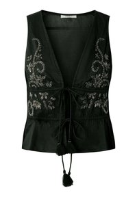 Černá dámská halenka bez rukávů s hlubokým výstřihem do V, stříbrným květinovým vyšíváním a předními šňůrkami se střapci.