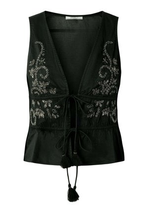 Zwarte mouwloze blouse met diepe V-hals, zilveren bloemrijke borduursels en voorzijde bindstrikken met kwastjes.