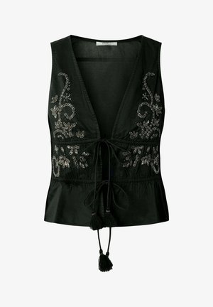 Blusa negra sin mangas con escote en V profundo, bordado floral plateado y cordones delanteros con borlas en los extremos.