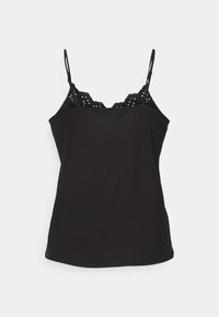 Camisole noire sans manches avec fines bretelles réglables et un galon en dentelle festonnée le long du décolleté sur fond neutre.