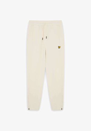 Off-white zulaufende Sweatpants mit Kordelzugbund, Seitentaschen, kleinem gelbem Vogel-Logo am linken Oberschenkel und Reißverschlüssen am Knöchel.