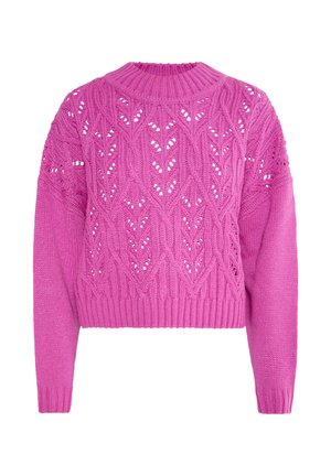 Pull tricoté rose vif avec motifs torsadés et dentelle, poignets, ourlet et encolure ronde côtelés, manches longues.