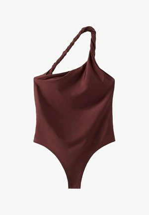 Enskuldet mørkebrun badedragt med en snoet strop og glat, sømløst stofdesign.