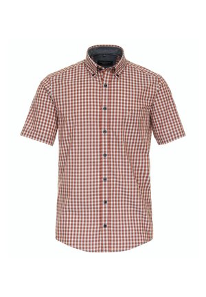 Kortærmet skjorte med et rødt og hvidt ternet mønster, knap-ned krave og marineblå knapper. Lavet af letvægts bomuldsstof.